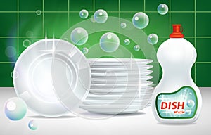 Dishes clean shining plates and dishwashing detergent in packaging, mockup advertisement, vector illustration.