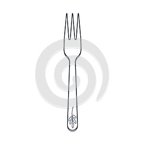 Dishes. Dessert fork with three prongs and a floral ornament on the handle. Line art