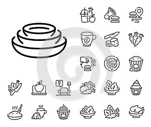 Dishes line icon. Tableware plates sign. Crepe, sweet popcorn and salad. Vector