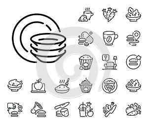 Dishes line icon. Tableware plates sign. Crepe, sweet popcorn and salad. Vector