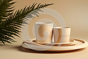 Dishes made of eco-friendly materials are on a tray