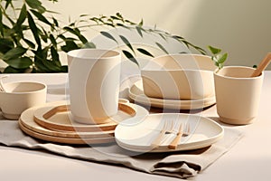 Dishes made of eco-friendly materials are on a tray
