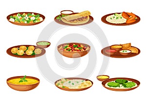 Dishes and Main Courses of Indian Cuisine with Rice, Mixed Vegetables and Spices Served on Plates and Garnished with