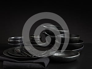 Dishes in minimalistic black design. Pure black