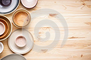 Dishes for serving and eating meals on a wooden background, space for text, top view. Modern ceramic and wooden crockery, trendy