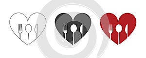Dishes. Spoon, fork, knife and plates icons set, menu logo, cutlery silhouette. Love for food