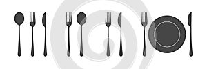 Dishes. Spoon, fork, knife and plates icons set, menu logo, cutlery silhouette. Vector illustration