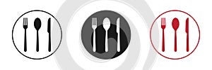 Dishes. Spoon, fork, knife and plates icons set, menu logo, cutlery silhouette. Vector illustration