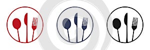 Dishes. Spoon, fork, knife and plates icons set, menu logo, cutlery silhouette. Vector illustration