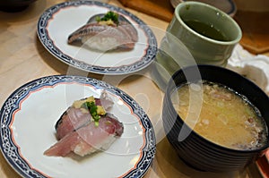Dishes of sushi from Tsukiji in a Tokyo restaurant