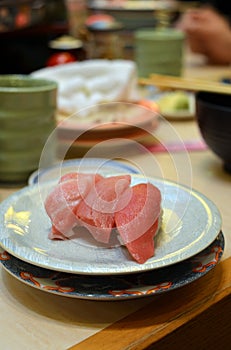 Dishes of sushi from Tsukiji in a Tokyo restaurant