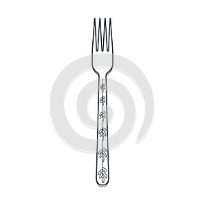 Dishes. Table fork with four prongs and a floral ornament on the handle. Line art