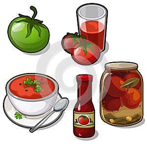 Dishes of tomatoes - juice, soup, canned, ketchup