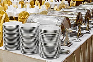 Dishes and warming trays for buffet line