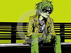 A disheveled teenager slumped in a park their eyes cast down as they contemplate their circumstances.. AI generation