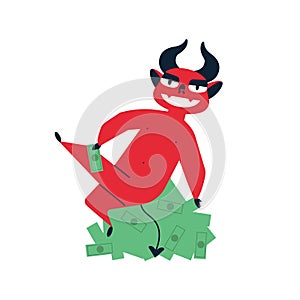 Dishonest earnings flat vector illustration. Devil with money. Criminal income, theft and bribery, illicit proceeds