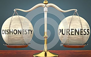 Dishonesty and pureness staying in balance - pictured as a metal scale with weights and labels dishonesty and pureness to