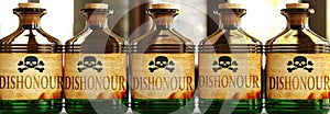 Dishonour can be like a deadly poison - pictured as word Dishonour on toxic bottles to symbolize that Dishonour can be unhealthy