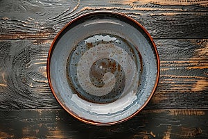 Dishware on electric blue serveware on wooden table