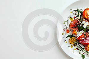 Dishware plate with vegetable and fines herbes salad garnished with flowers