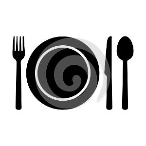 Dishware symbol icons. Fork, spoon knife and a plate icons.