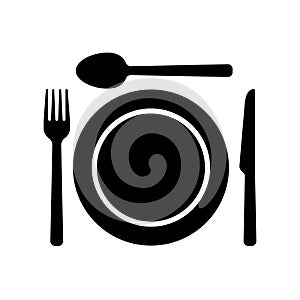 Dishware symbol icons. Fork, spoon knife and a plate icons.