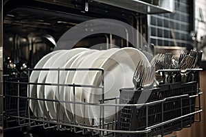 Dishwasher with clean white plates and forks close-up