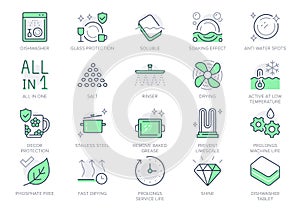 Dishwasher detergent line icons. Vector illustration include icon-glass protection, tablet, soaking effect, phosphate