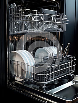 Open dishwasher with clean dishes inside. AI