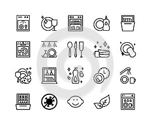 Dishwasher flat line icons set. Household appliance for washing utensil, dishware, clean dishes. Simple flat vector illustration