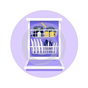Dishwasher flat vector illustration. Open dishwasher machine with clean dishes in it, plates, cutlery, cups, pan.