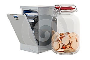 Dishwasher with glass jar full of golden coins, 3D rendering