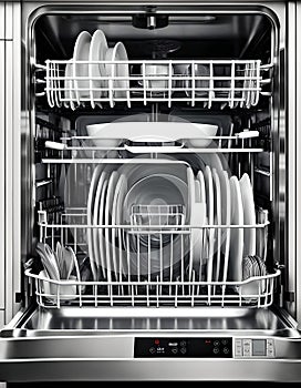 Dishwasher Interior with Pristine Dishes, Realistic Still Life