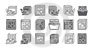 Dishwasher line icons set. Cleaning dishes symbol. Vector signs for web graphic.
