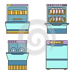 Dishwasher machine icon set line color vector
