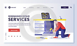 Dishwasher machine repair service. Mechanic or plumber worker fixes kitchen electrical equipment. Vector illustration