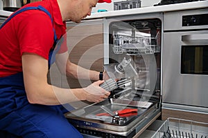 Dishwasher maintenance service - repairman checking food residue filters photo