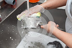 Dishwasher in uniform washes griddle with foam and sponge under the tap water