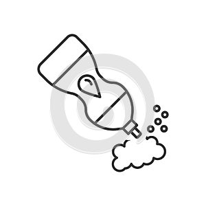 Dishwashing liquid icon. A simple line drawing of a tube of detergent with foam and bubbles. Isolated vector on white