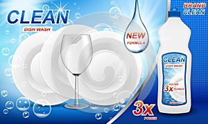 Dishwashing liquid product ad. Realistic dish washing template package design. Wash soap brand bottle with clean dishes