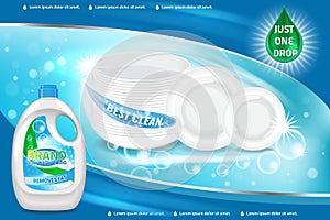 Dishwashing liquid products ad. Vector 3d illustration. Bottle template design. Dish wash brand bottle advertisement