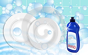 Dishwashing liquid products. Bottle label design. Dish wash advertisement poster layout. Vector