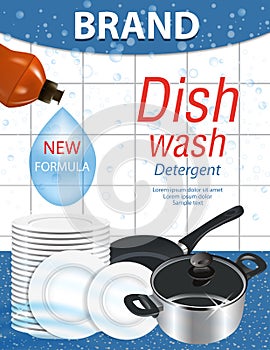 Dishwashing liquid products with stack plates, saucepan and frying pan. Bottle label package design. Dish wash advertisement poste