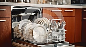 Dishwashing Perfection. A Stocked Dishwasher in a Neat Kitchen Setting. Generative AI