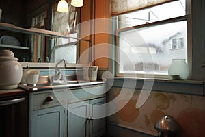 dishwater drain with reflection of kitchen window