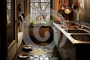 dishwater drain with reflection of kitchen window
