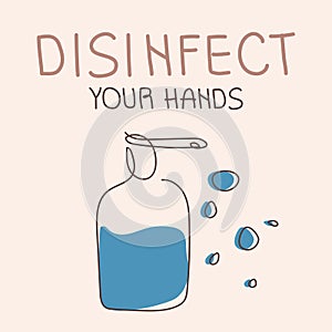 Disinfect your hand covid-19 toilet rules poster. Vector art sign protect your hand in flat design and one line