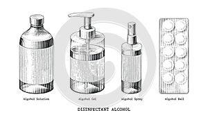 Disinfectant alcohol set hand draw vintage style black and white clip art isolated on white background
