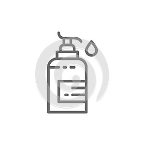 Disinfectant dispenser, liquid soap, hand cream line icon.