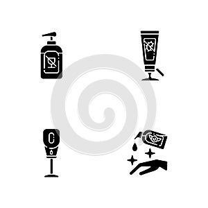 Disinfectant hand sanitizers black glyph icons set on white space